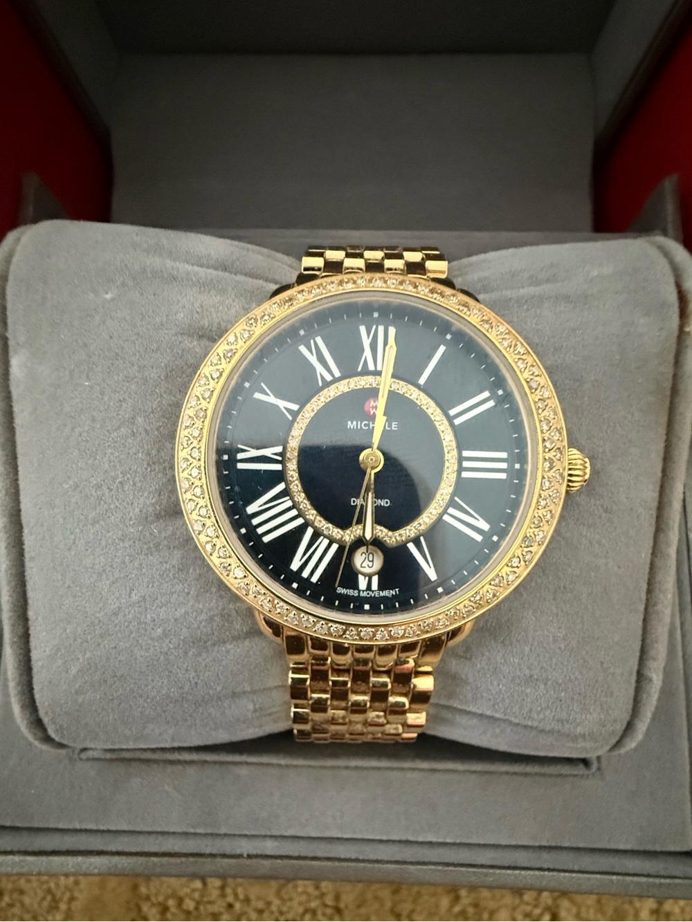 Michele Gold-Tone Bracelet Watch with Black Sapphire Crystal Dial and Diamonds